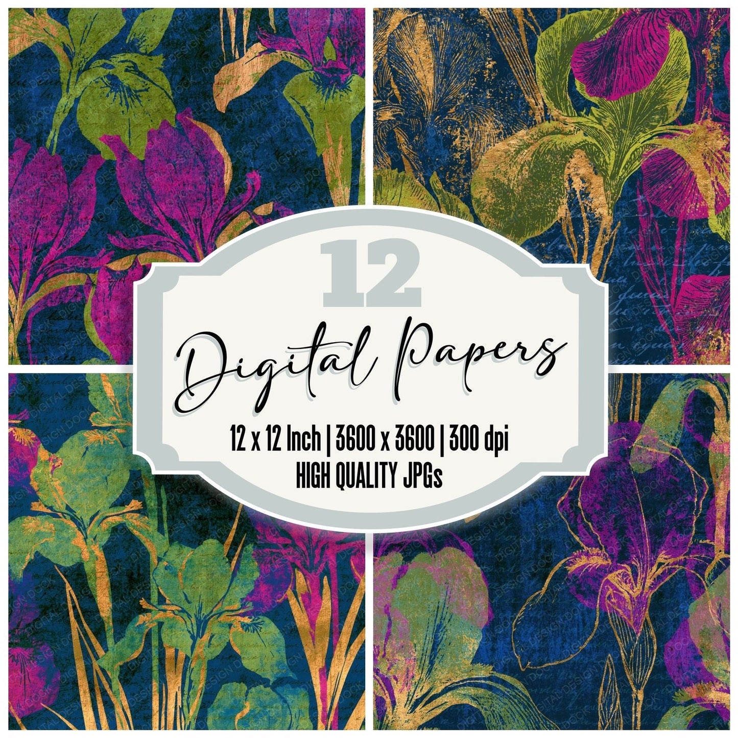 Linocut Iris Neon Magenta Midnight Digital Paper Pack (DDD014230)