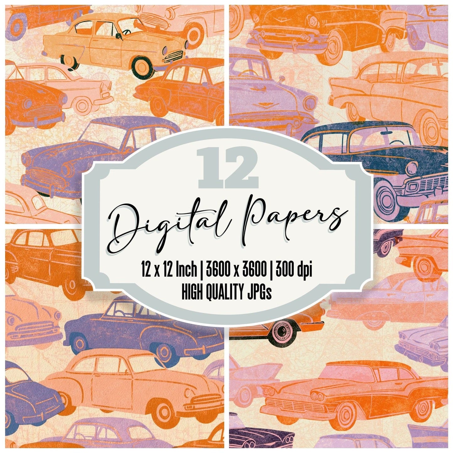 Woodblock Fifties Cars Tangerine Peach Digital Paper Pack (DDD014236)