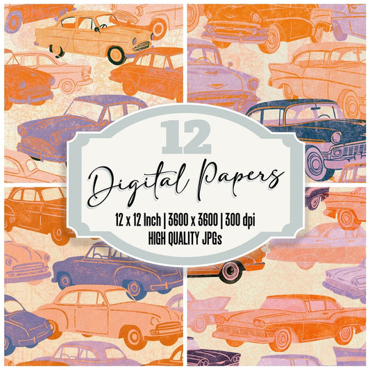 Woodblock Fifties Cars Tangerine Peach Digital Paper Pack (DDD014236)