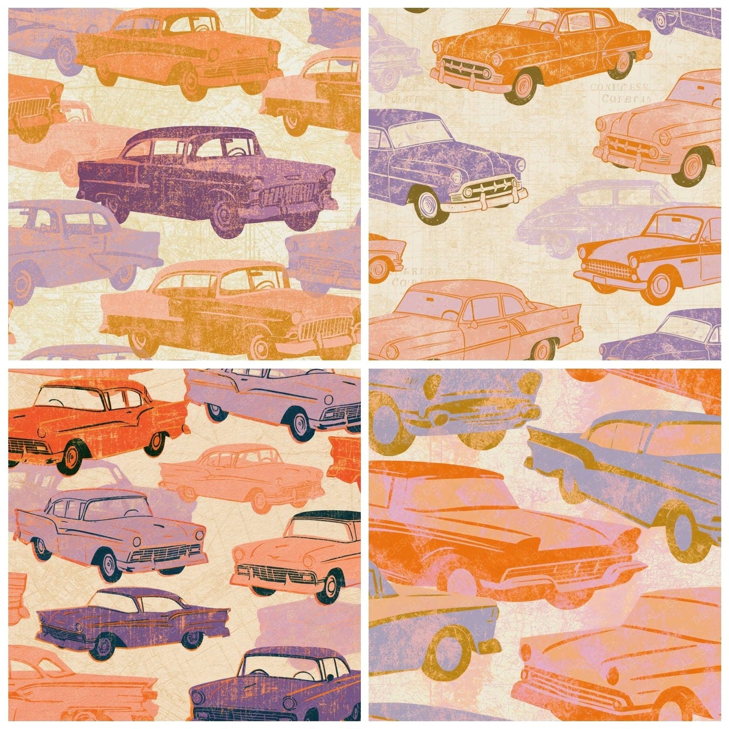 Woodblock Fifties Cars Tangerine Peach Digital Paper Pack (DDD014236)