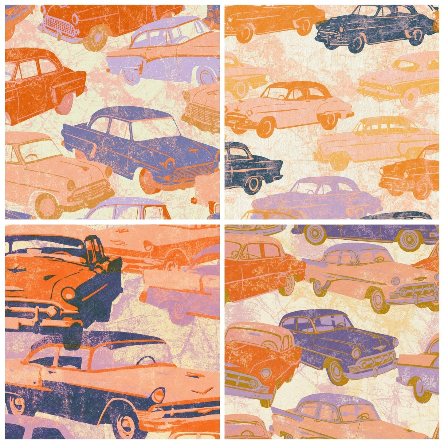 Woodblock Fifties Cars Tangerine Peach Digital Paper Pack (DDD014236)