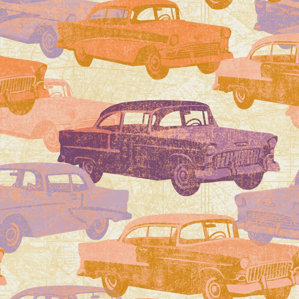 Woodblock Fifties Cars Tangerine Peach Digital Paper Pack (DDD014236)