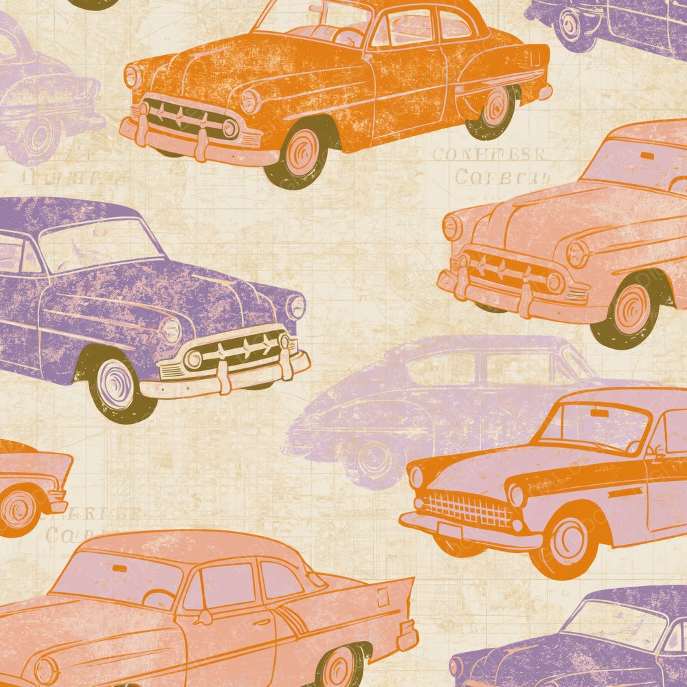 Woodblock Fifties Cars Tangerine Peach Digital Paper Pack (DDD014236)