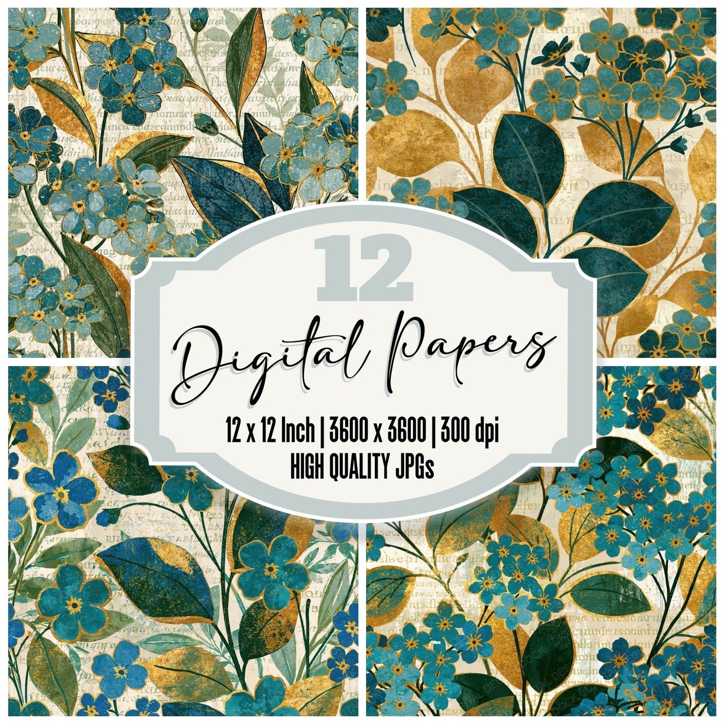 Woodblock Forget Me Nots Gold Eucalyptus Digital Paper Pack (DDD014237)