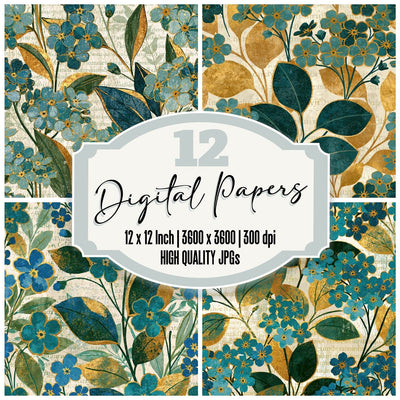 Woodblock Forget Me Nots Gold Eucalyptus Digital Paper Pack (DDD014237)