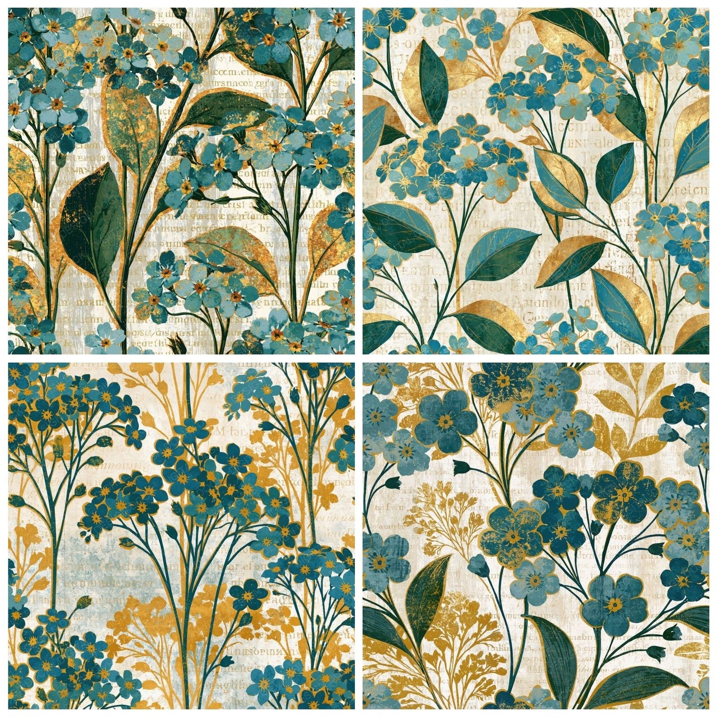 Woodblock Forget Me Nots Gold Eucalyptus Digital Paper Pack (DDD014237)