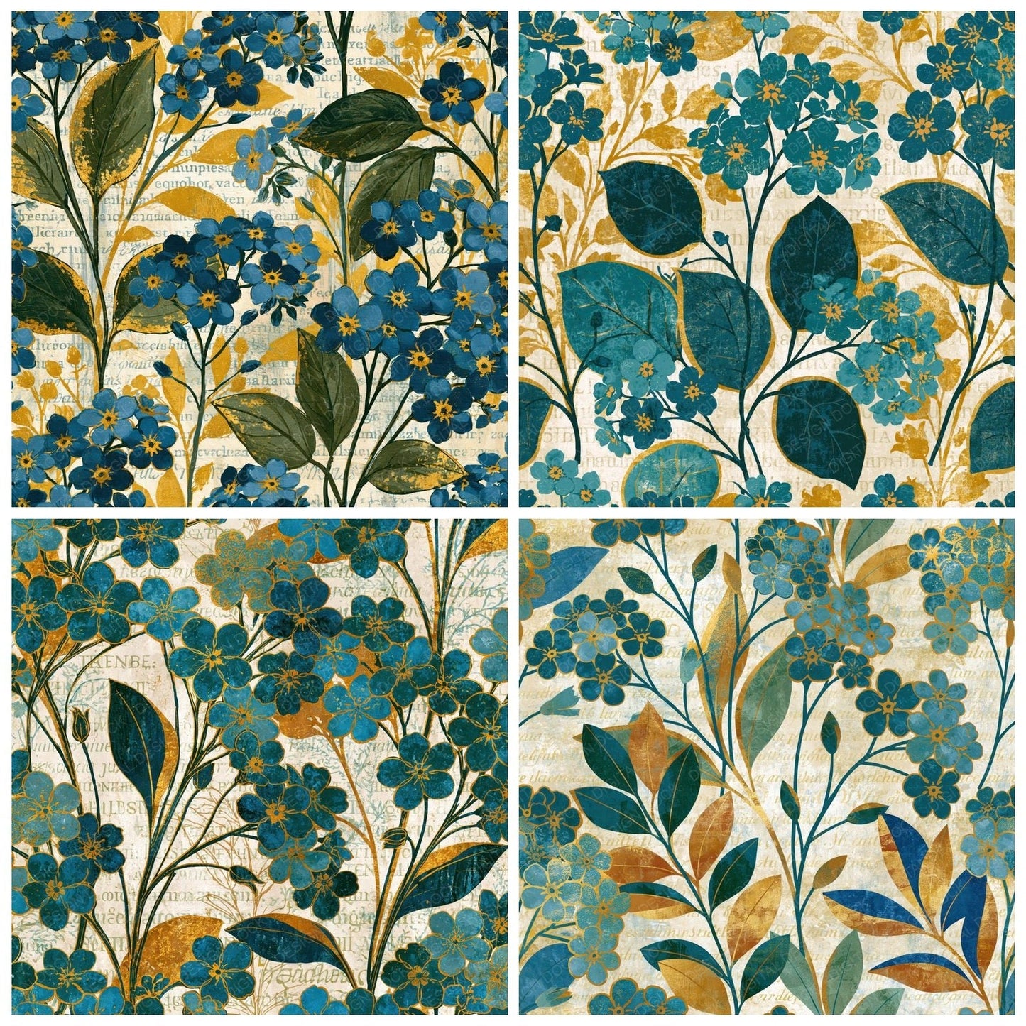 Woodblock Forget Me Nots Gold Eucalyptus Digital Paper Pack (DDD014237)