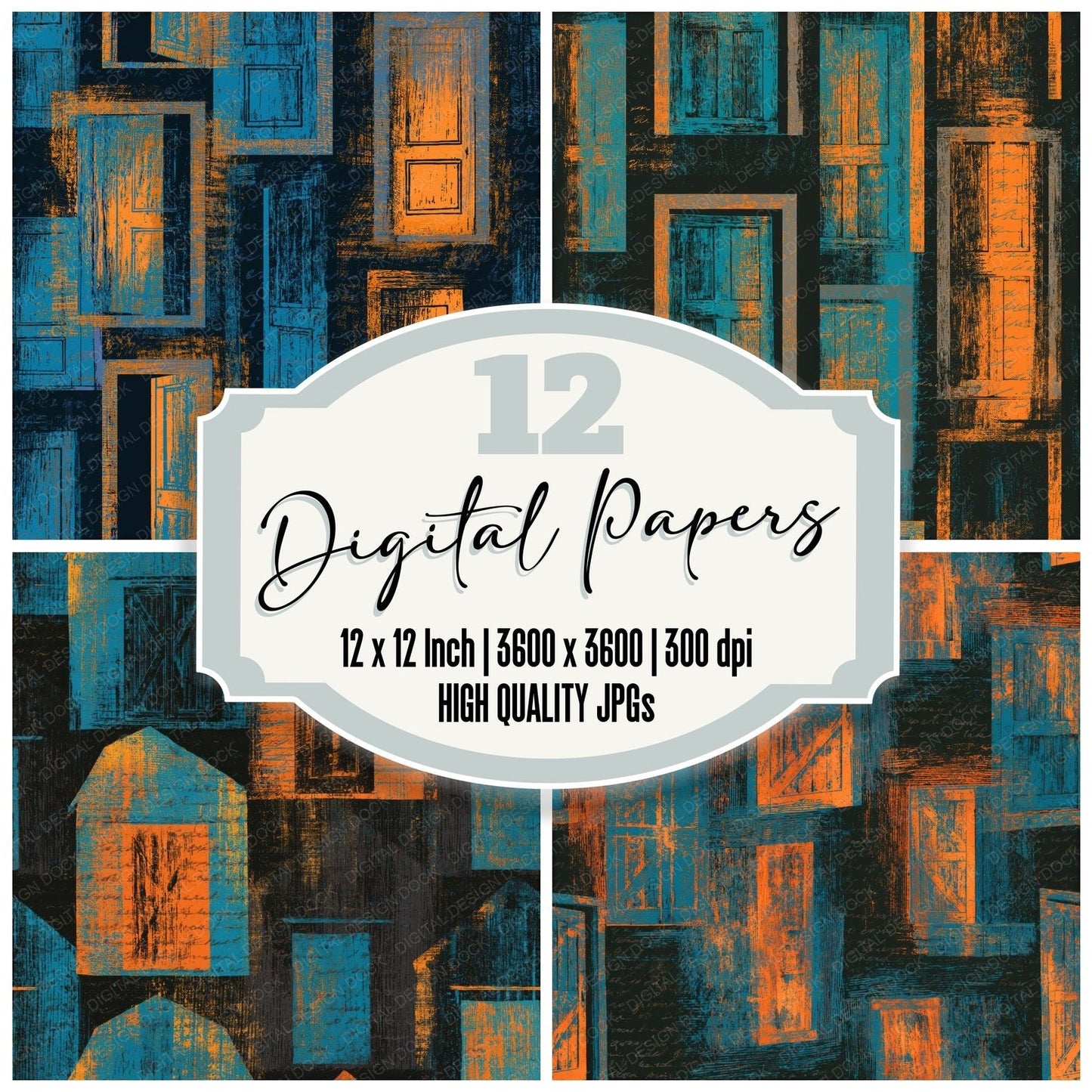 Woodcut Barn Doors Tangerine Turquoise Seamless Digital Paper Pack (DDD014241)