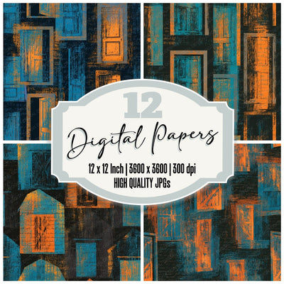 Woodcut Barn Doors Tangerine Turquoise Seamless Digital Paper Pack (DDD014241)