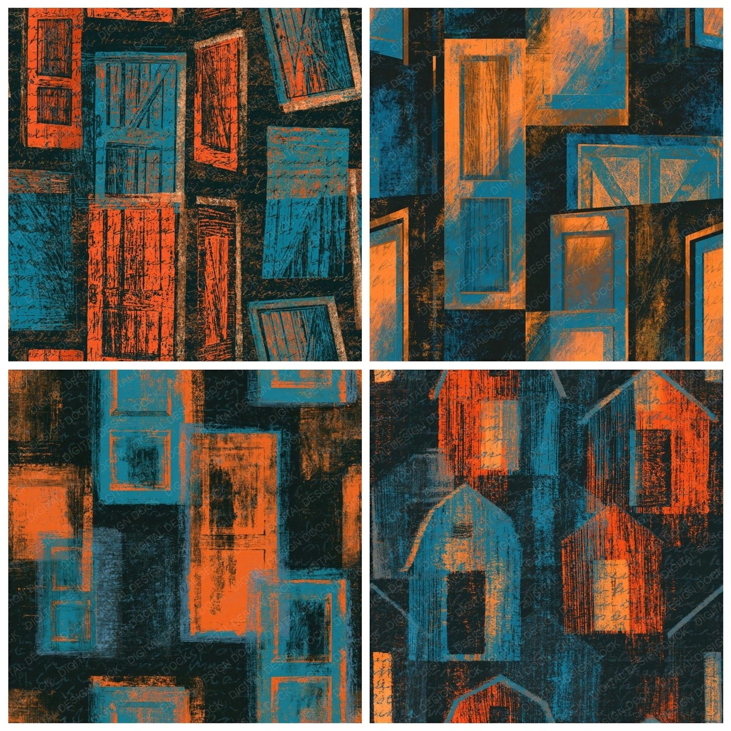 Woodcut Barn Doors Tangerine Turquoise Seamless Digital Paper Pack (DDD014241)