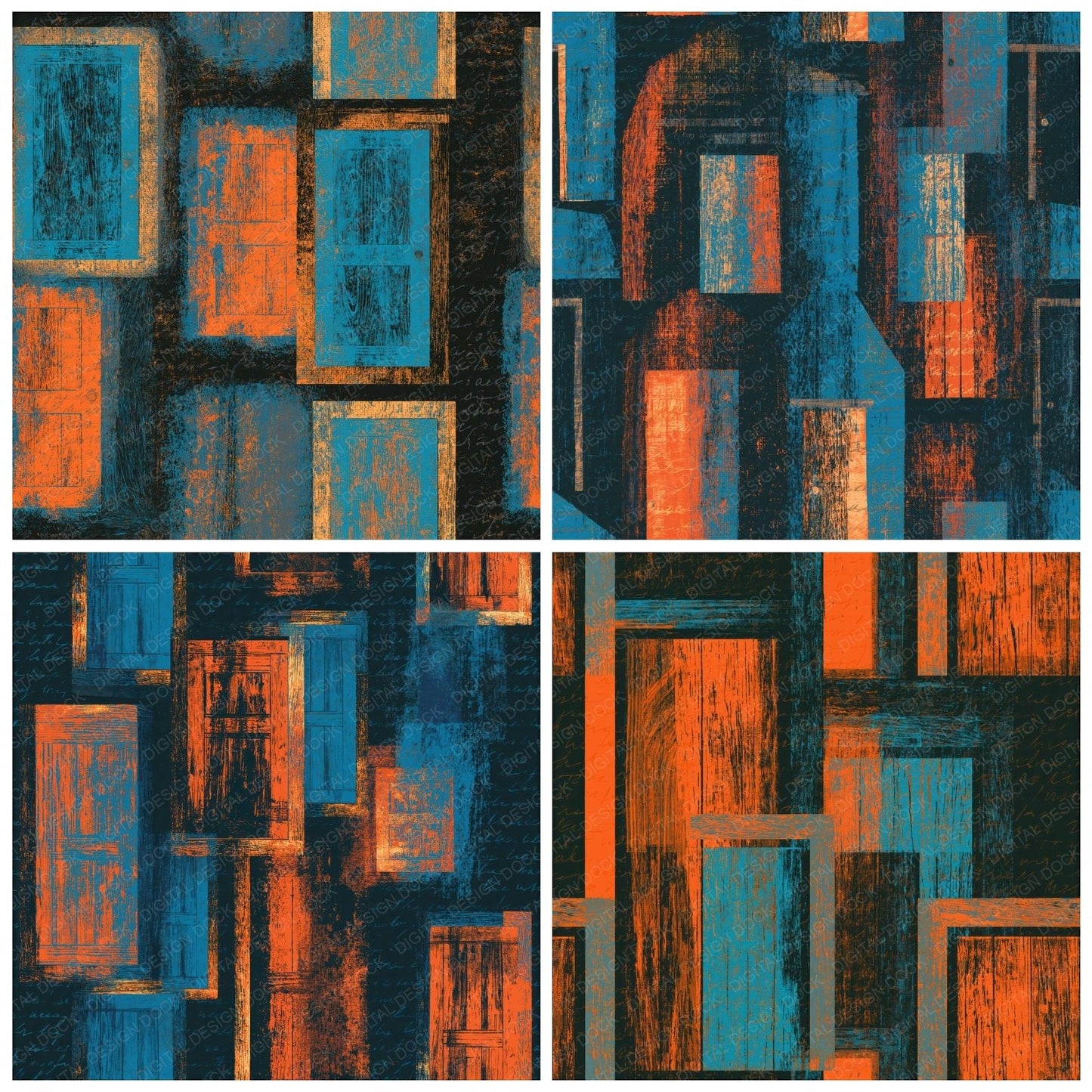 Woodcut Barn Doors Tangerine Turquoise Seamless Digital Paper Pack (DDD014241)
