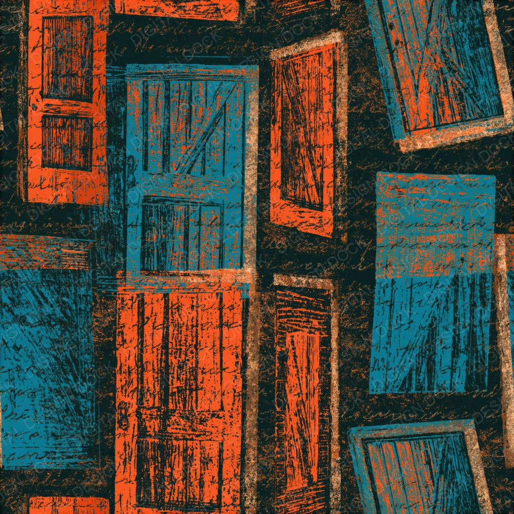 Woodcut Barn Doors Tangerine Turquoise Seamless Digital Paper Pack (DDD014241)