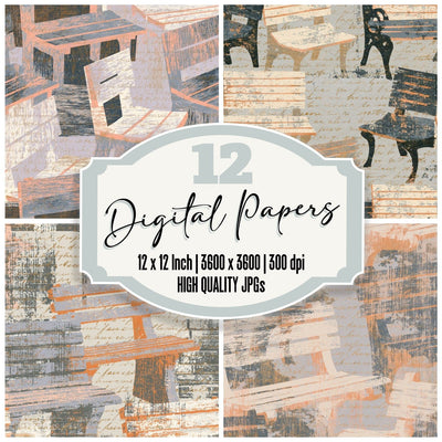 Woodcut Garden Benches Stone Dove Digital Paper Pack (DDD014242)