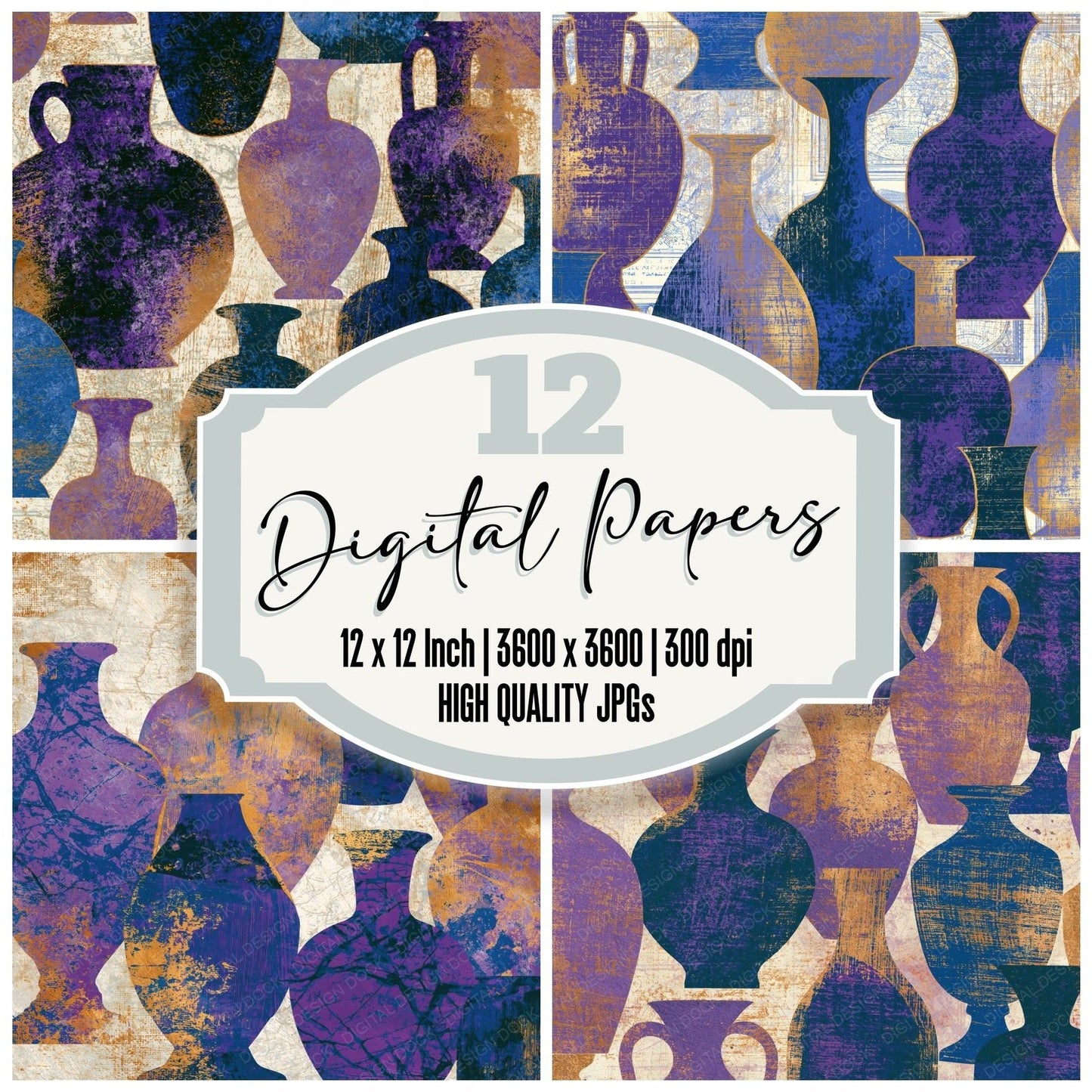 Woodcut Greek Vases Amethyst Indigo Digital Paper Pack (DDD014243)