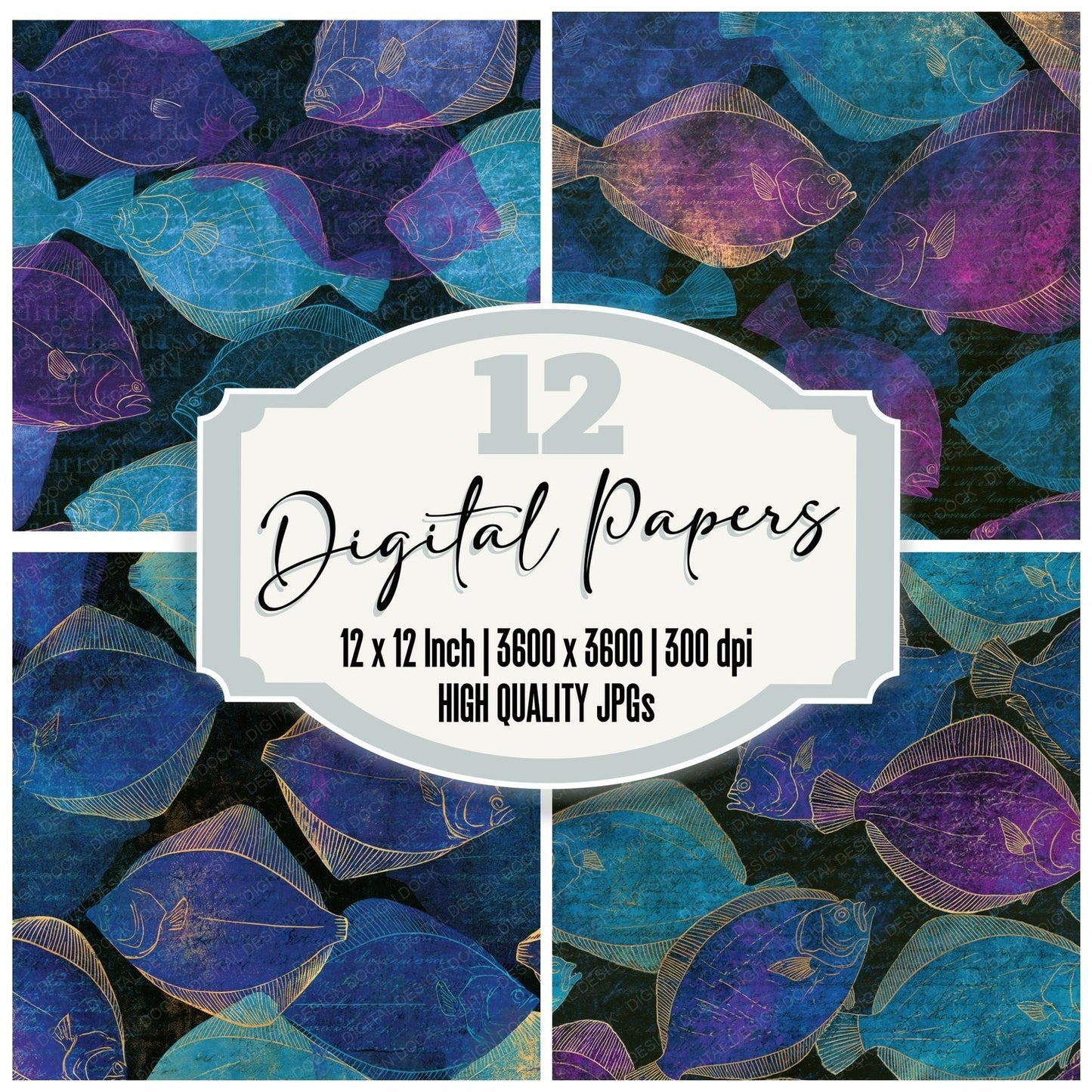 Etching Flounder Cyan Violet Digital Paper Pack (DDD014246)