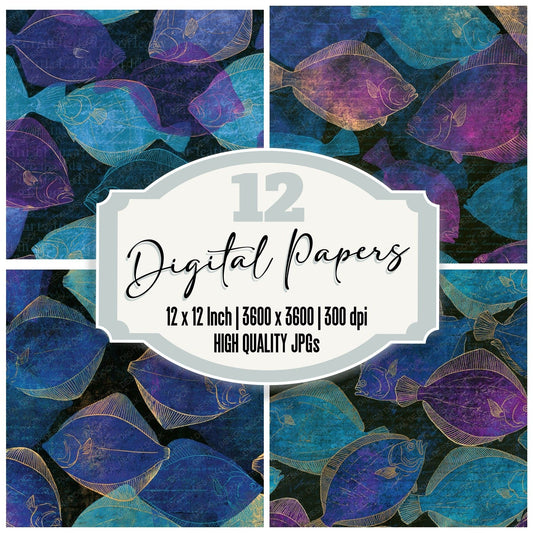 Etching Flounder Cyan Violet Digital Paper Pack (DDD014246)