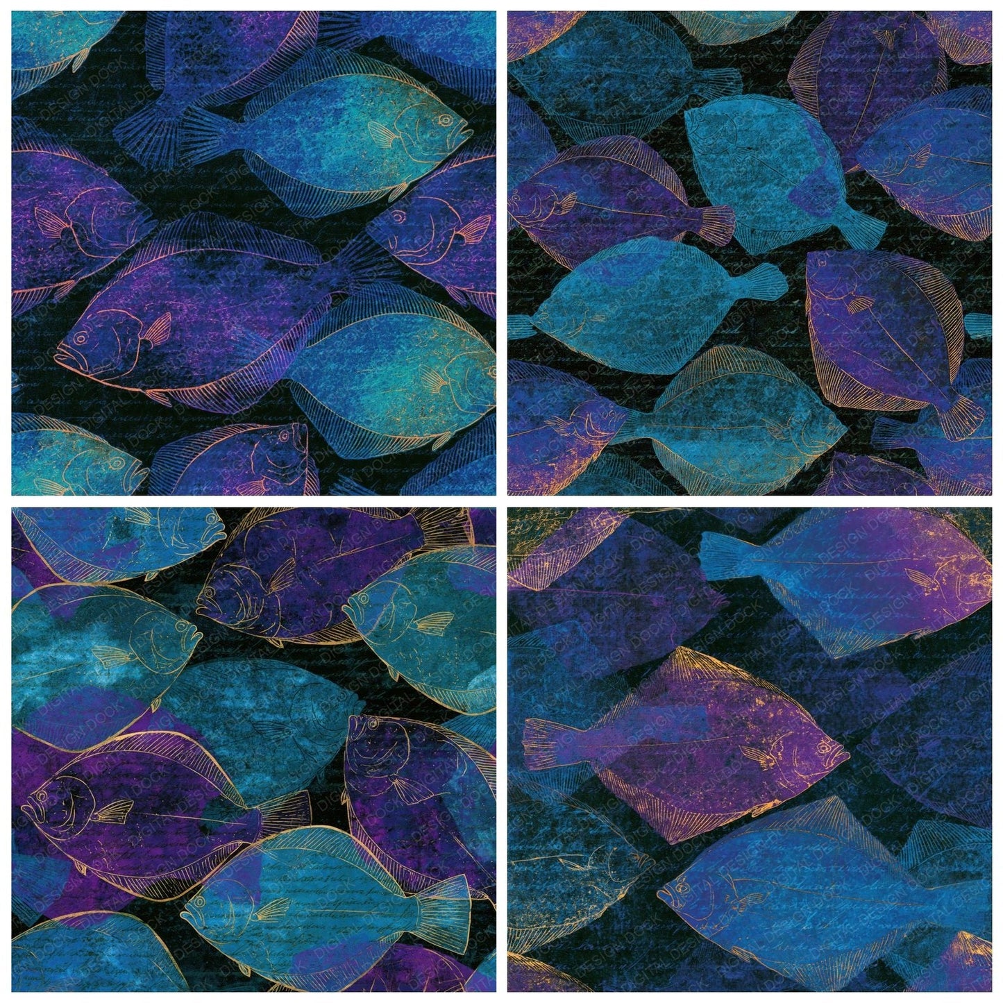 Etching Flounder Cyan Violet Digital Paper Pack (DDD014246)