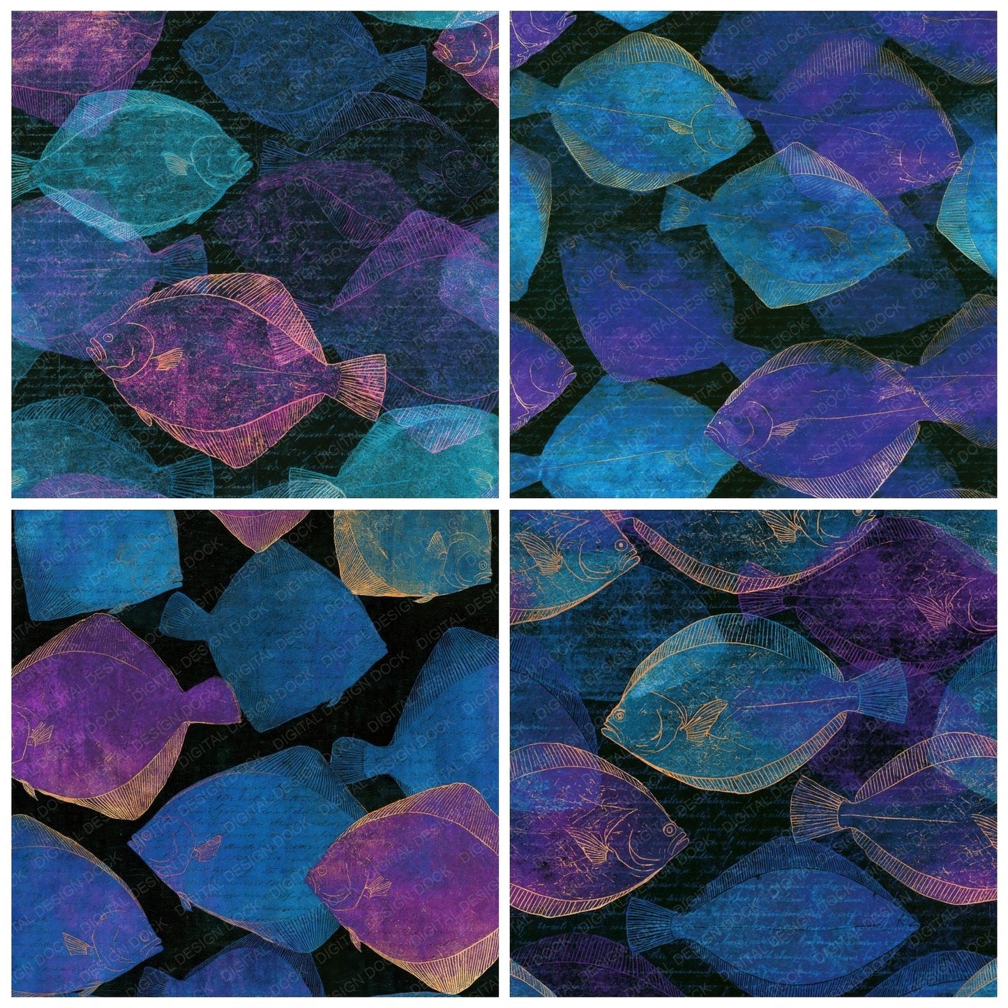 Etching Flounder Cyan Violet Digital Paper Pack (DDD014246)