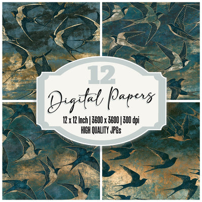 Etching Swallows Teal Charcoal Digital Paper Pack (DDD014247)