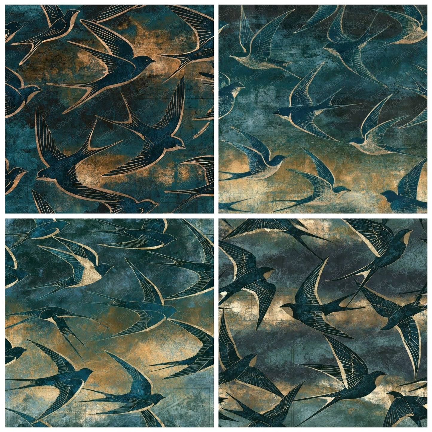 Etching Swallows Teal Charcoal Digital Paper Pack (DDD014247)