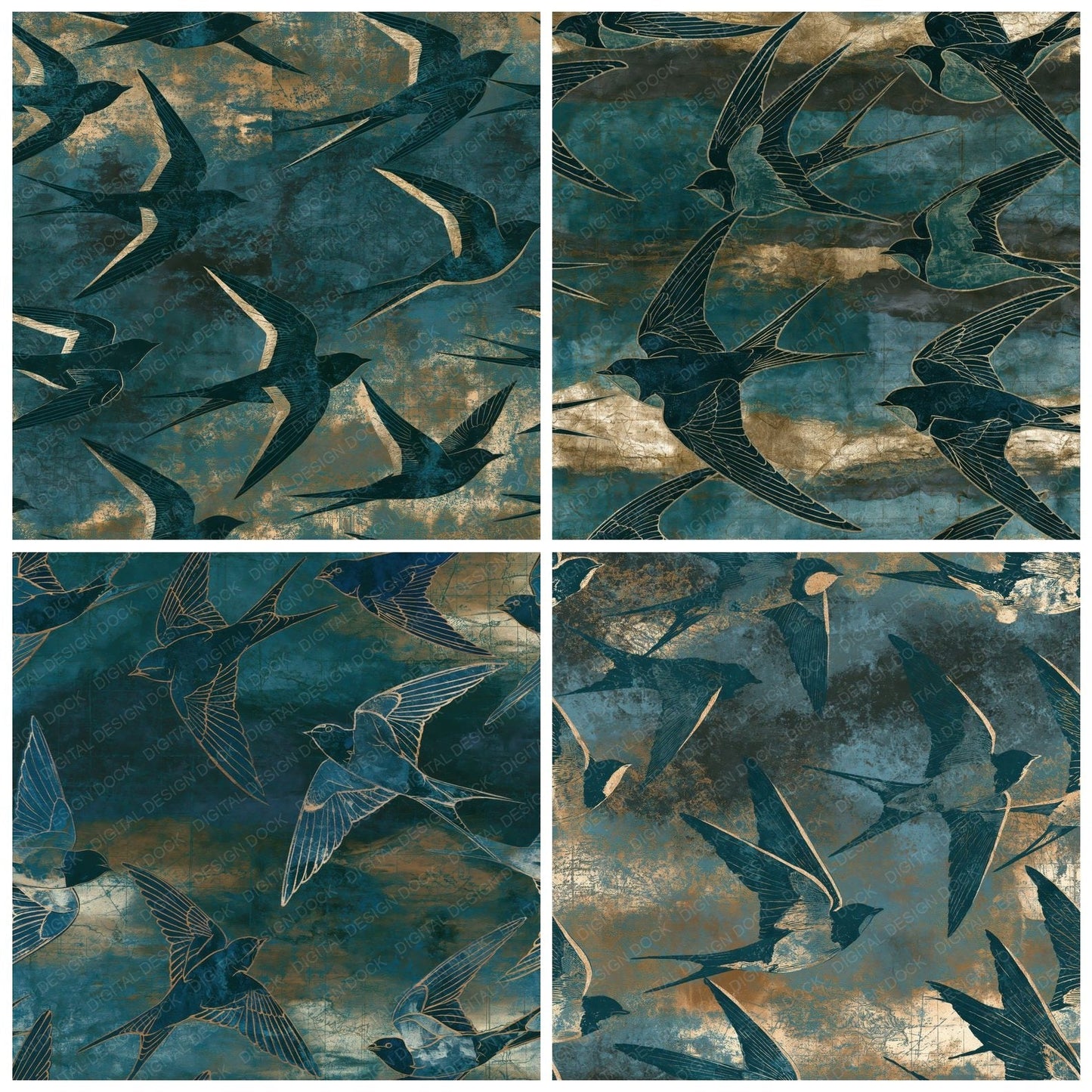 Etching Swallows Teal Charcoal Digital Paper Pack (DDD014247)