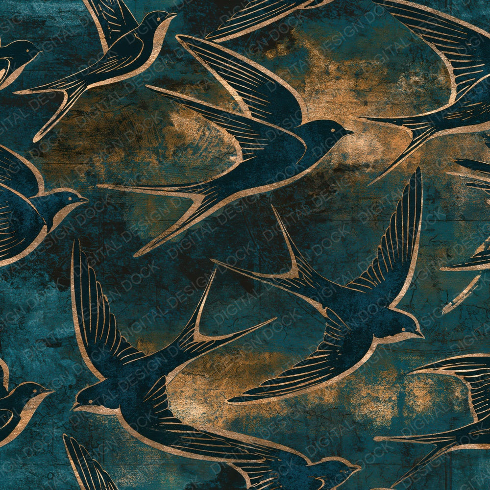 Etching Swallows Teal Charcoal Digital Paper Pack (DDD014247)