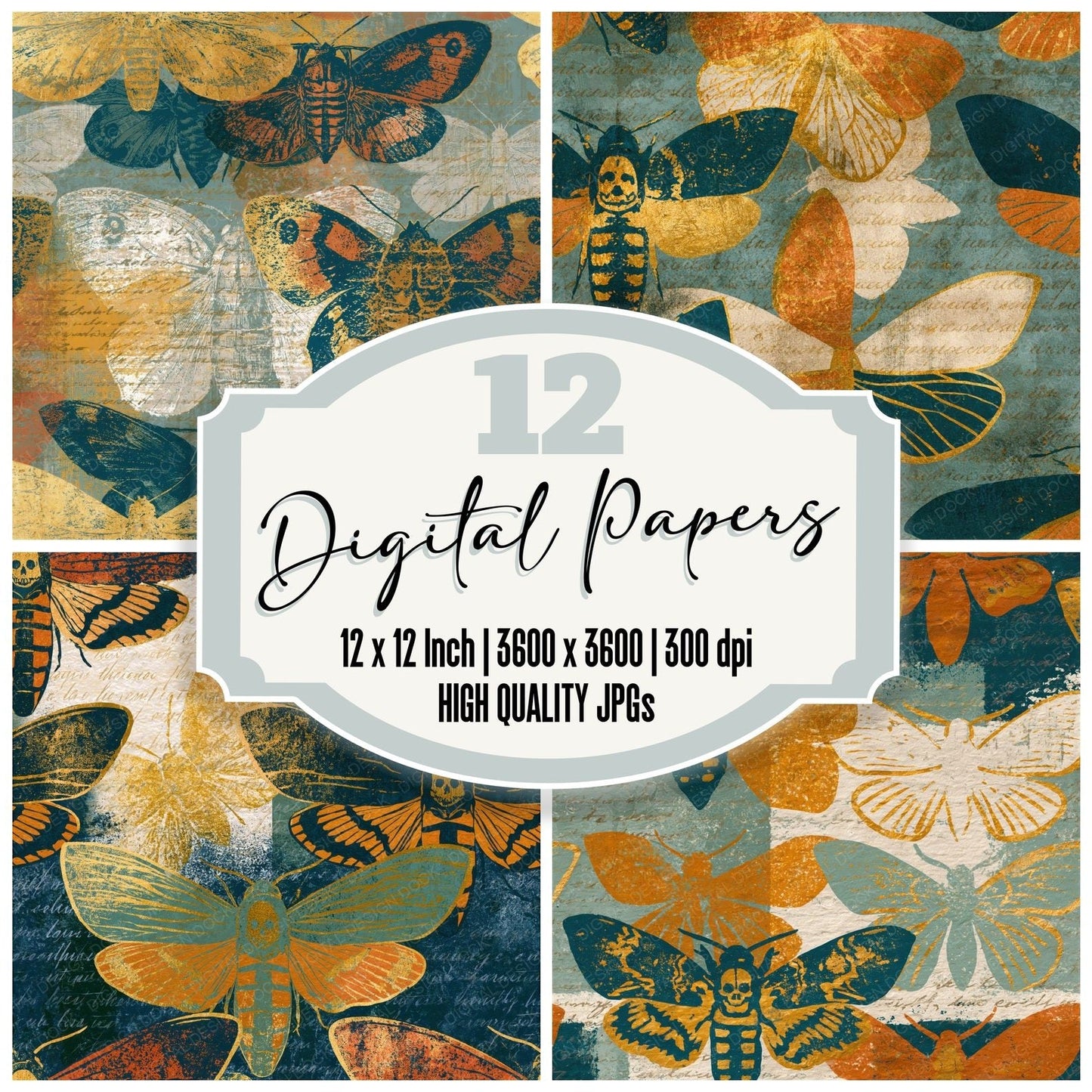 Monoprint Death Head Moths Amber Sage Seamless Digital Paper Pack (DDD014248)