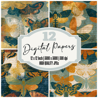 Monoprint Death Head Moths Amber Sage Seamless Digital Paper Pack (DDD014248)