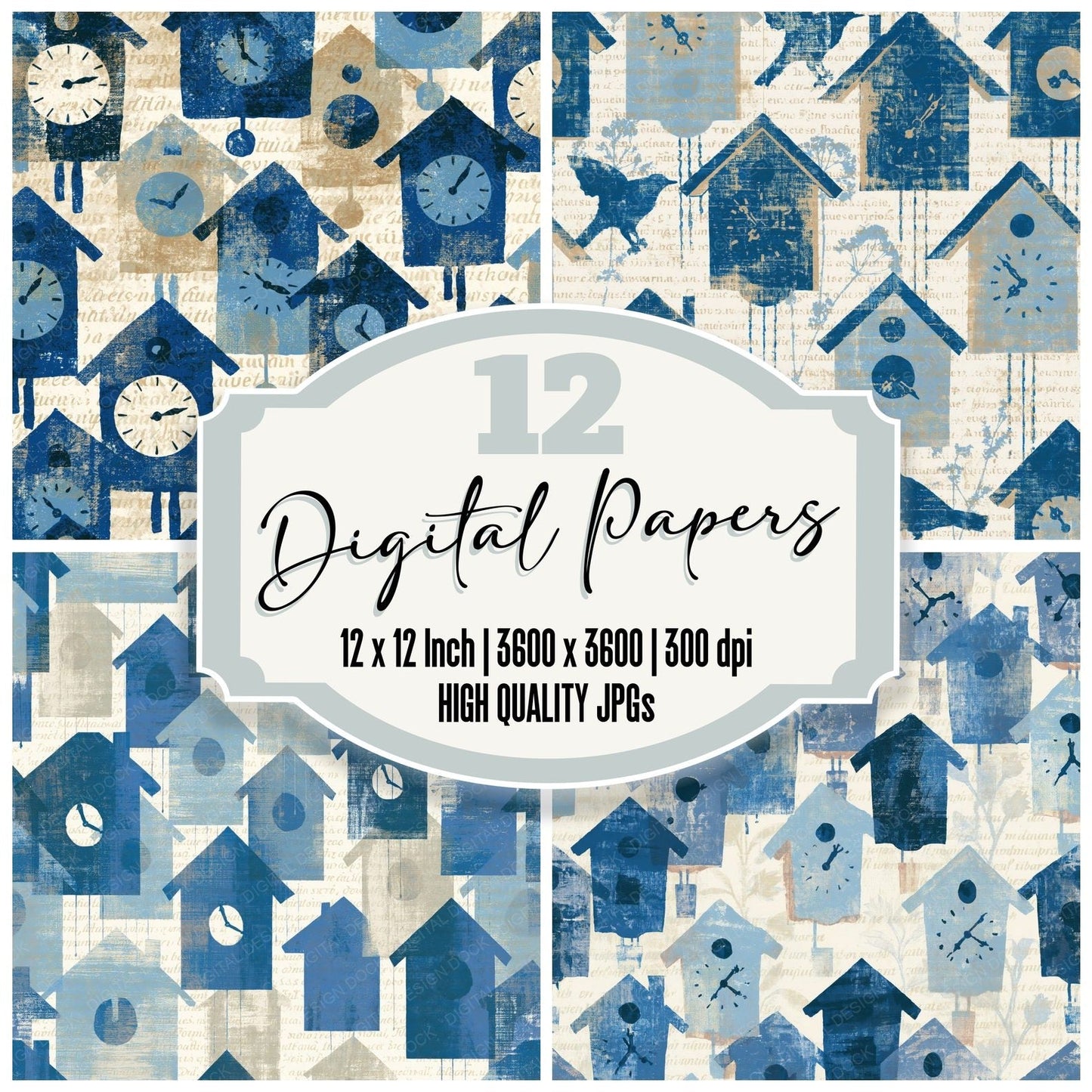 Screenprint Cuckoo Clocks Sapphire Ivory Digital Paper Pack (DDD014258)