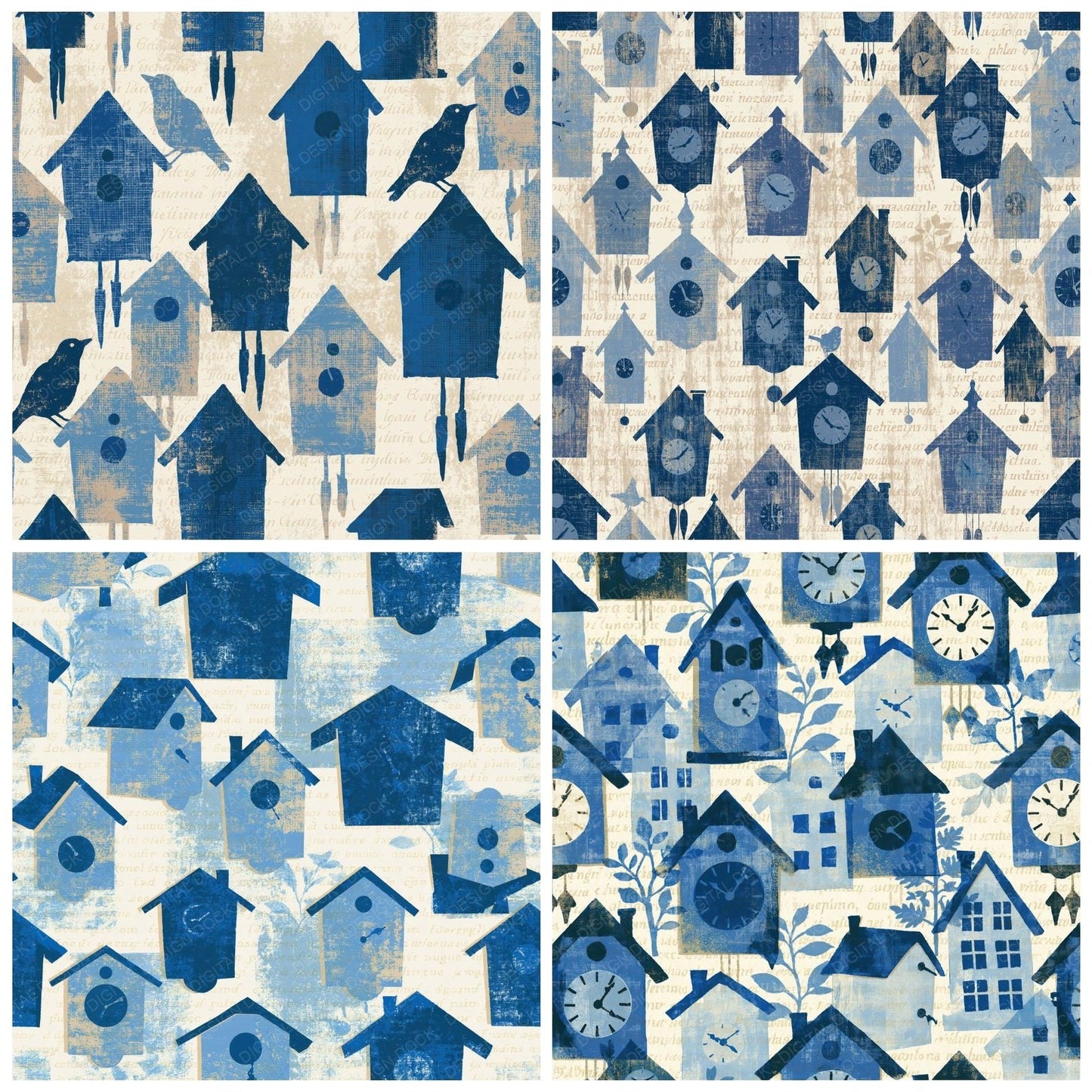 Screenprint Cuckoo Clocks Sapphire Ivory Digital Paper Pack (DDD014258)