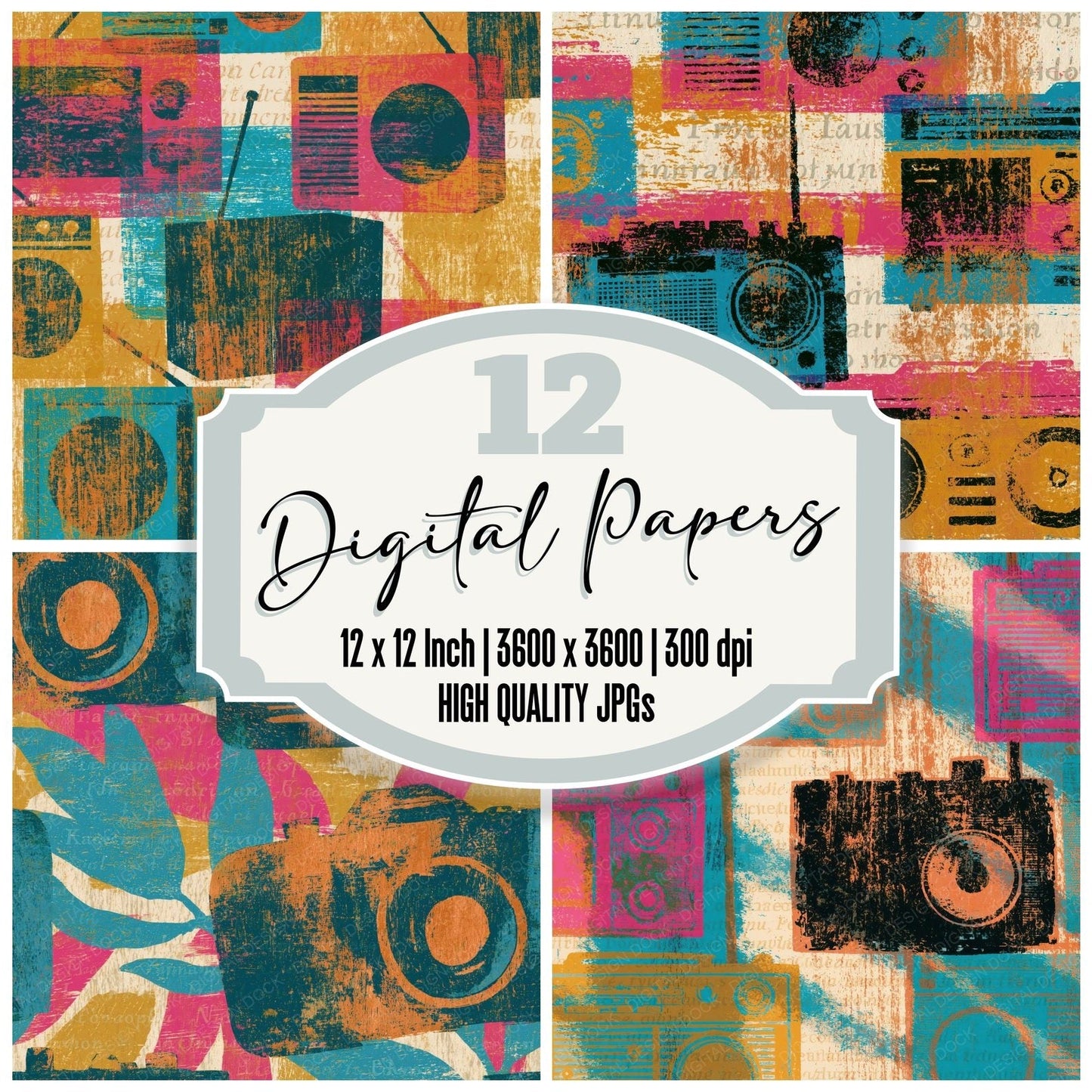 Woodcut Ham Radios Turquoise Pink Ochre Digital Paper Pack (DDD014261)