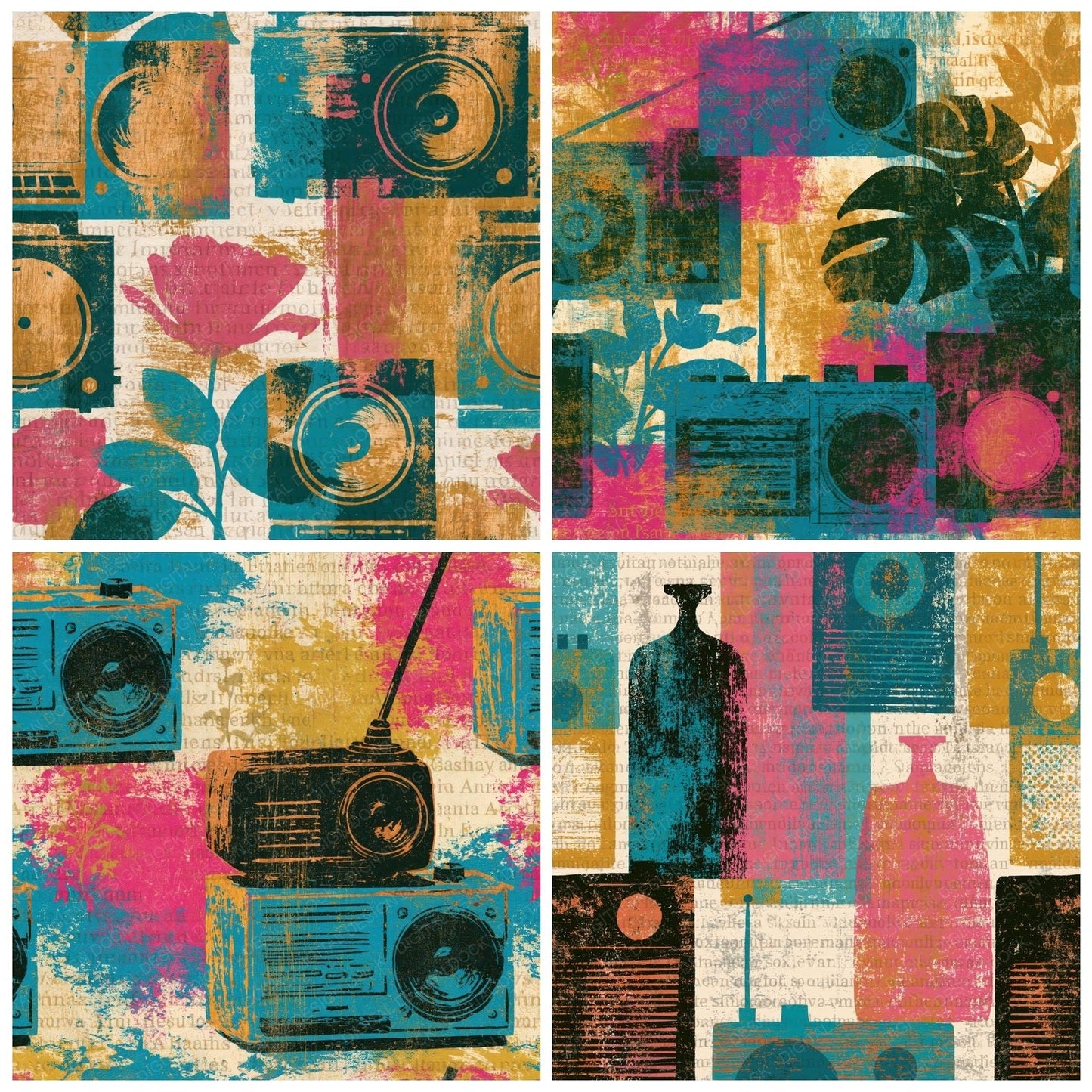 Woodcut Ham Radios Turquoise Pink Ochre Digital Paper Pack (DDD014261)