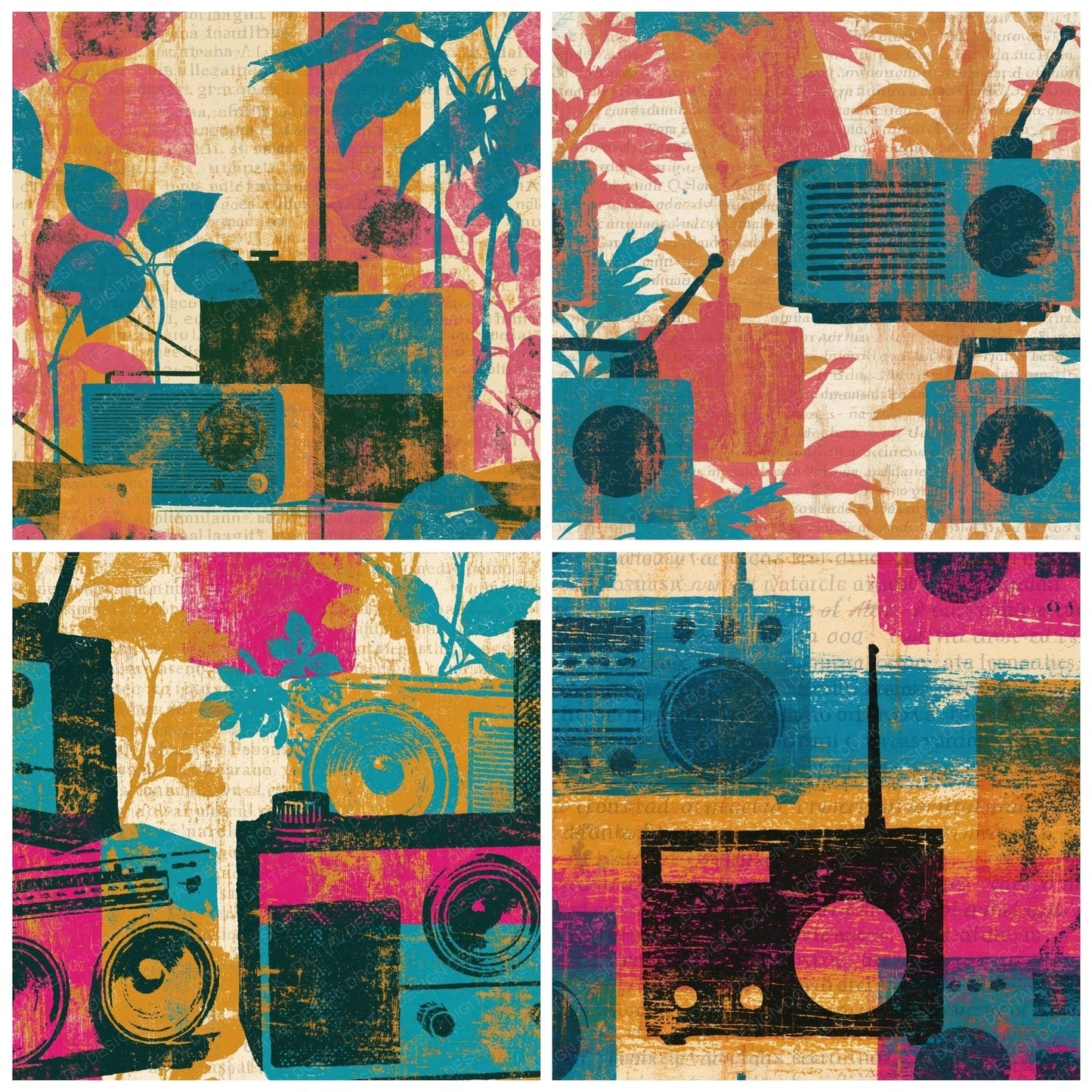 Woodcut Ham Radios Turquoise Pink Ochre Digital Paper Pack (DDD014261)