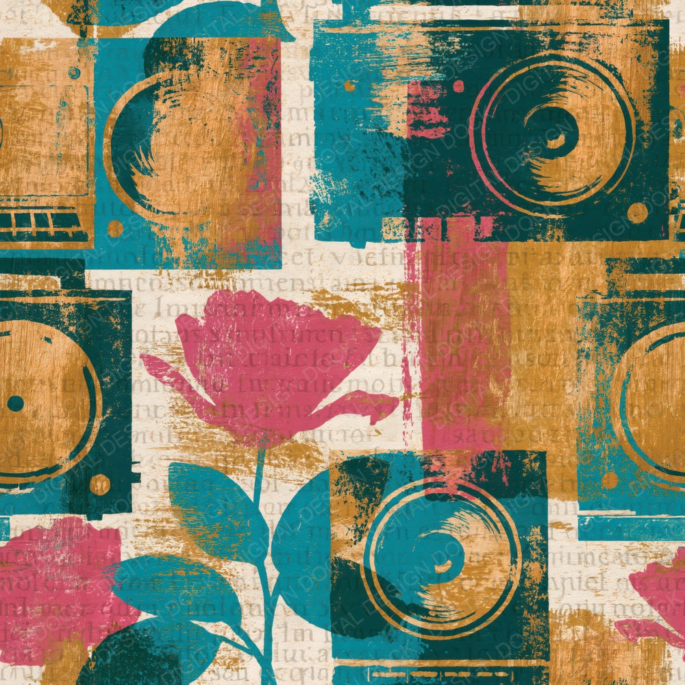 Woodcut Ham Radios Turquoise Pink Ochre Digital Paper Pack (DDD014261)