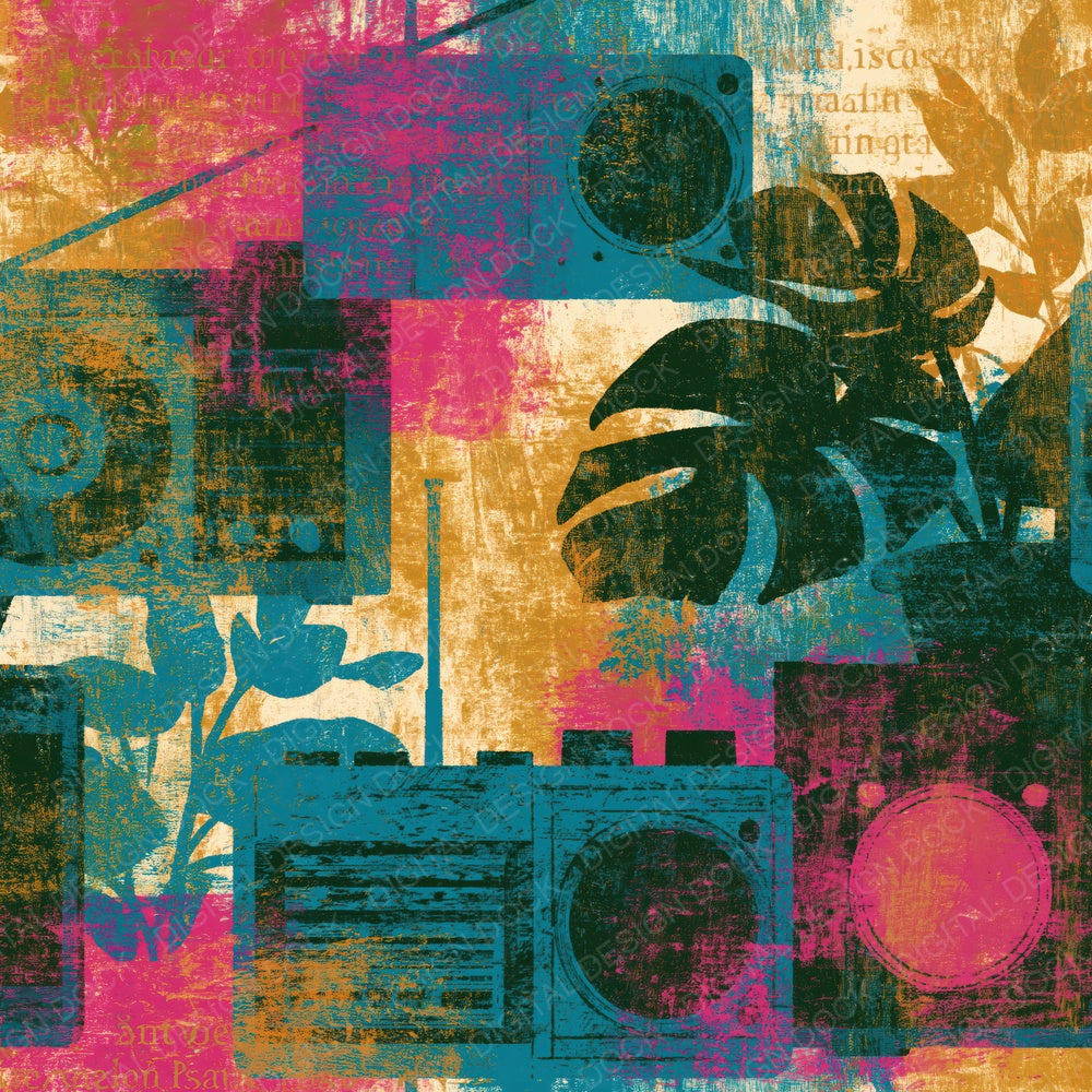 Woodcut Ham Radios Turquoise Pink Ochre Digital Paper Pack (DDD014261)