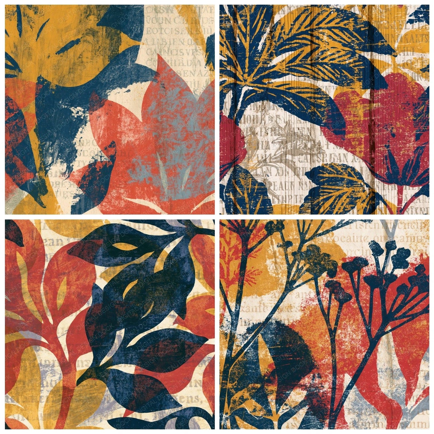 Woodcut Mustard Navy Tomato Abstract Digital Paper Pack (DDD014262)