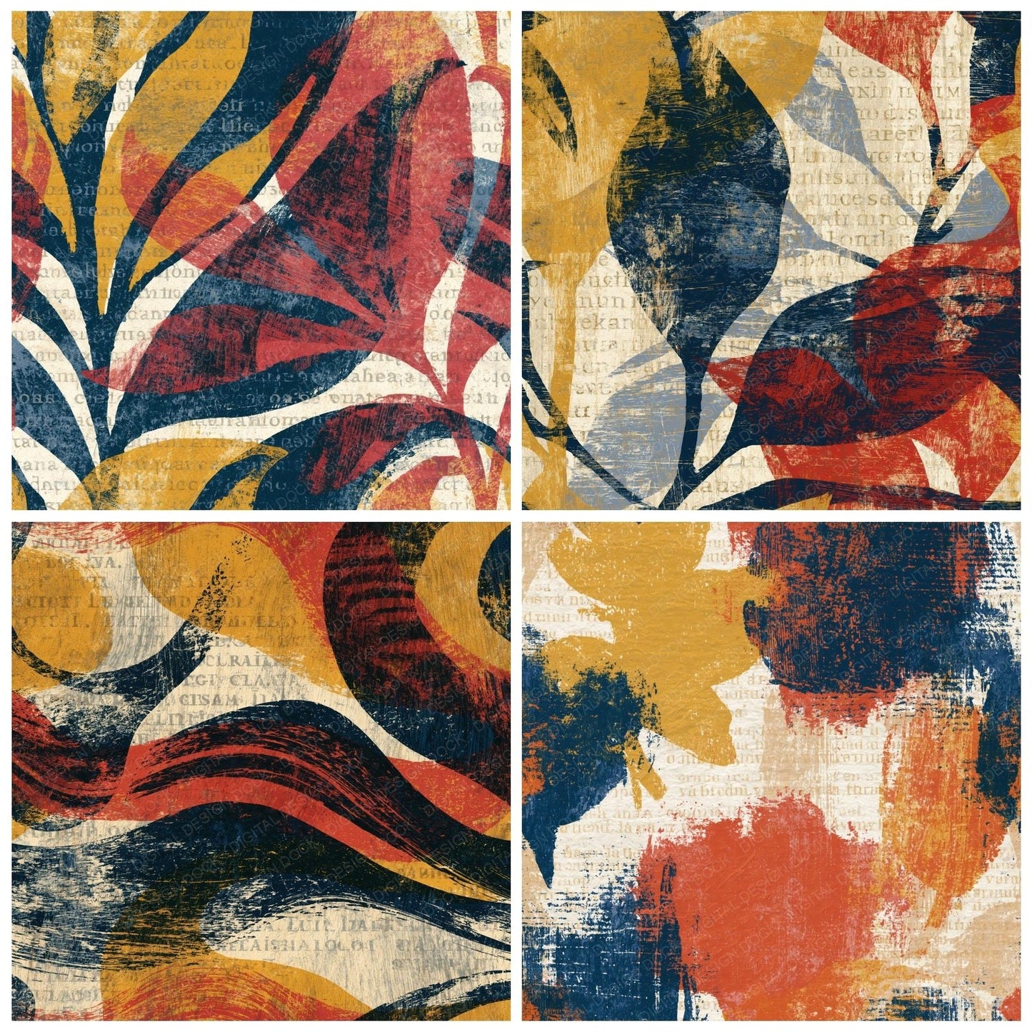 Woodcut Mustard Navy Tomato Abstract Digital Paper Pack (DDD014262)