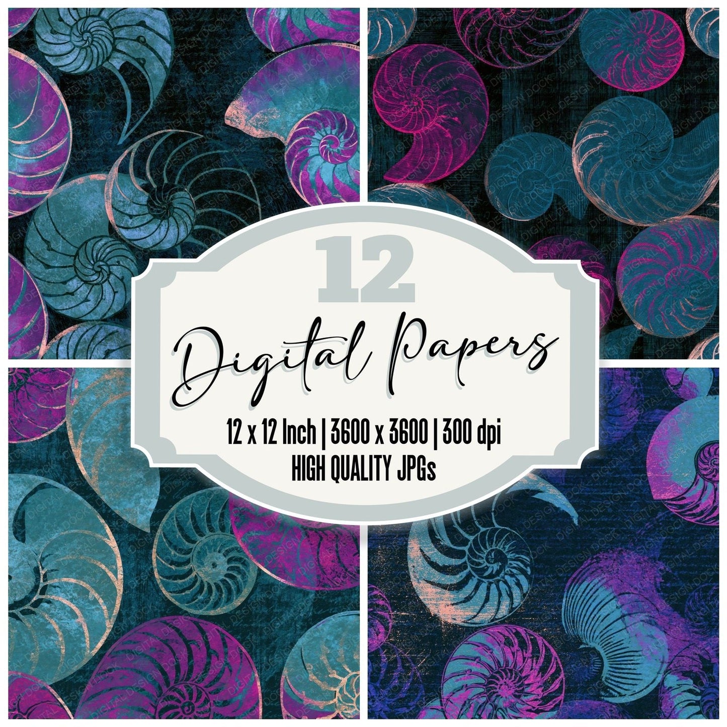 Woodcut Nautilus Teal Magenta Digital Paper Pack (DDD014263)