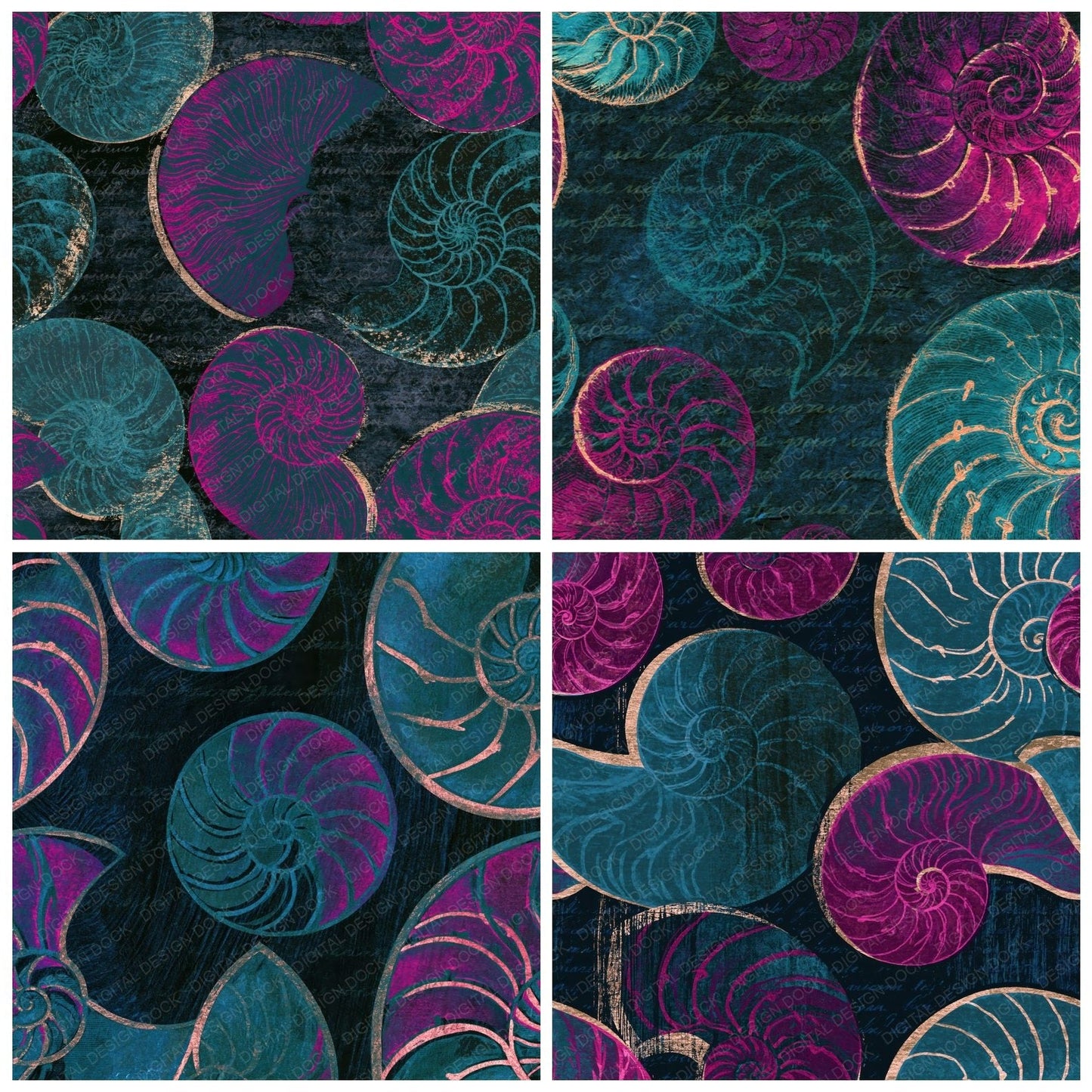 Woodcut Nautilus Teal Magenta Digital Paper Pack (DDD014263)