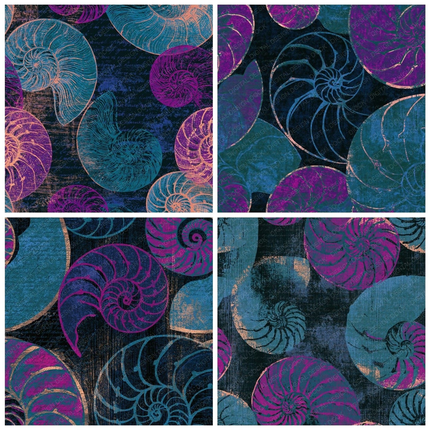 Woodcut Nautilus Teal Magenta Digital Paper Pack (DDD014263)