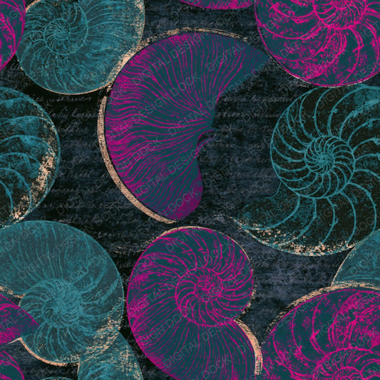 Woodcut Nautilus Teal Magenta Digital Paper Pack (DDD014263)