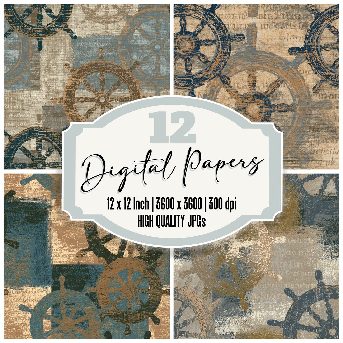 Woodcut Ship Wheels Sepia Seamless Digital Paper Pack (DDD014264)