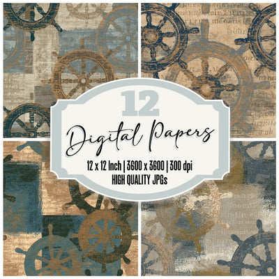 Woodcut Ship Wheels Sepia Seamless Digital Paper Pack (DDD014264)