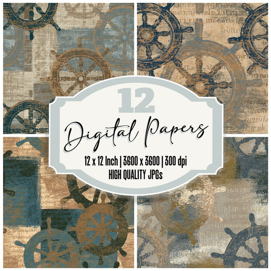 Woodcut Ship Wheels Sepia Seamless Digital Paper Pack (DDD014264)