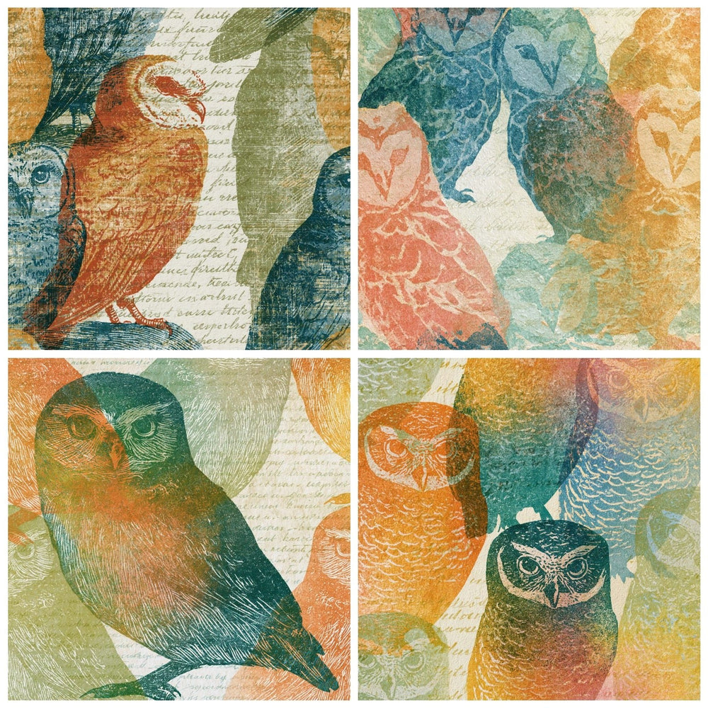 Four more Etching Baby Owls Apricot Pistachio digital papers from the pack shown in a grid