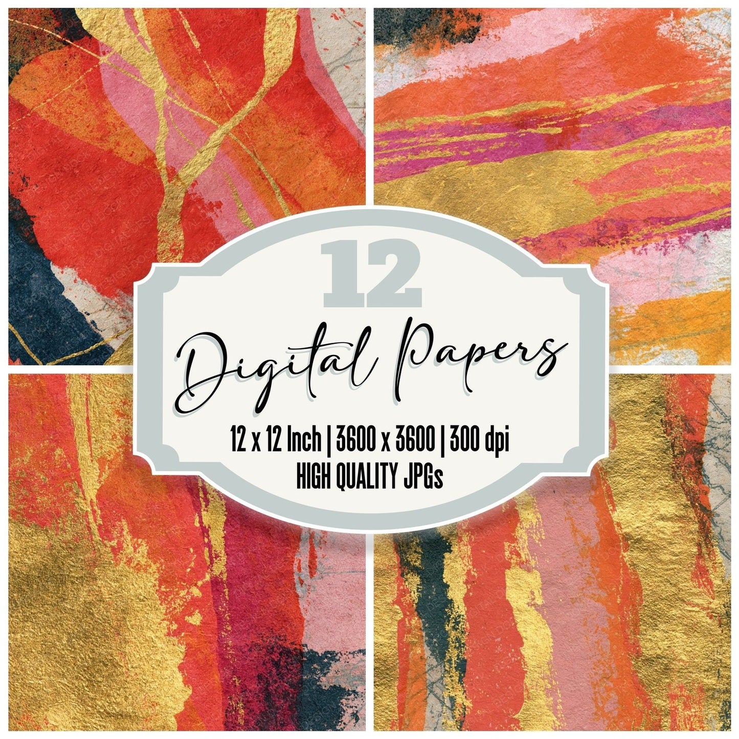 Monoprint Coral Gold Dusty Pink Abstract Digital Paper Pack (DDD014269)