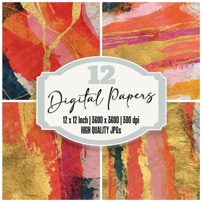 Monoprint Coral Gold Dusty Pink Abstract Digital Paper Pack (DDD014269)