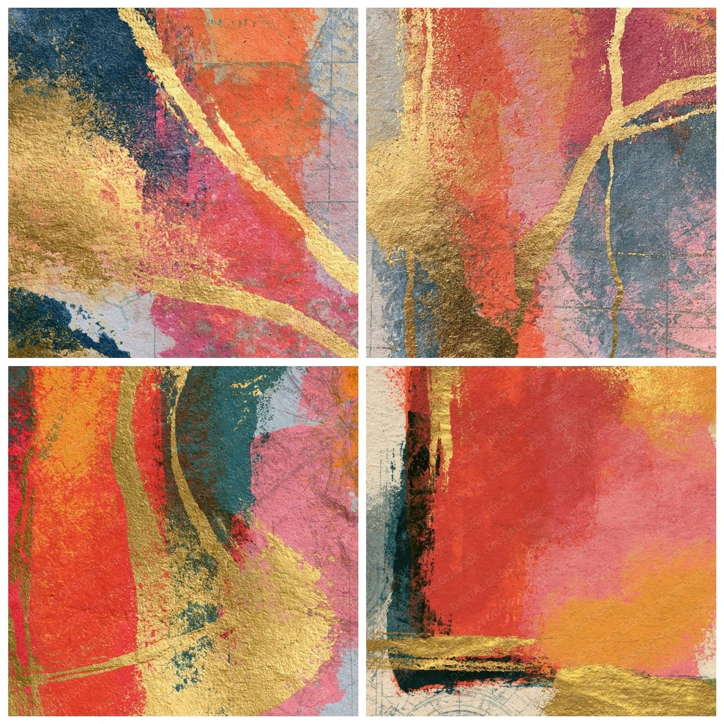 Monoprint Coral Gold Dusty Pink Abstract Digital Paper Pack (DDD014269)