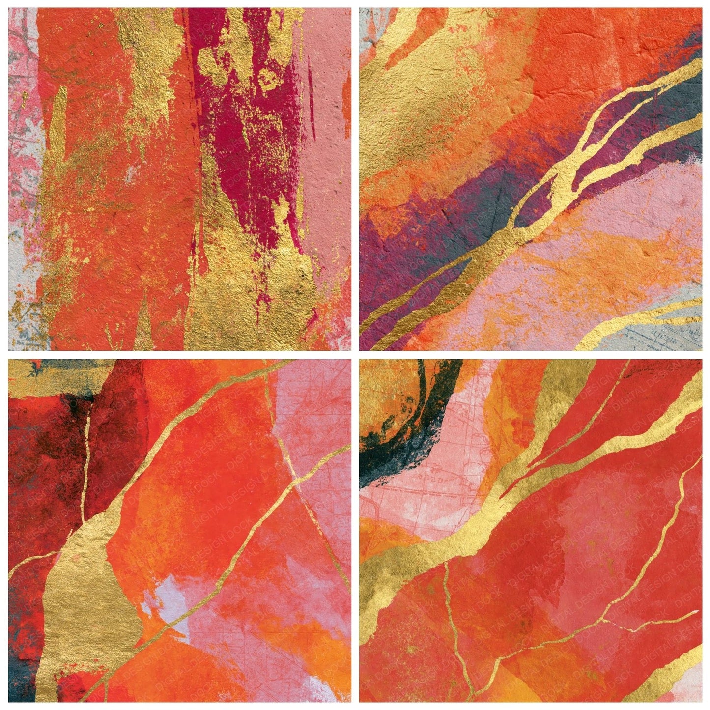 Monoprint Coral Gold Dusty Pink Abstract Digital Paper Pack (DDD014269)