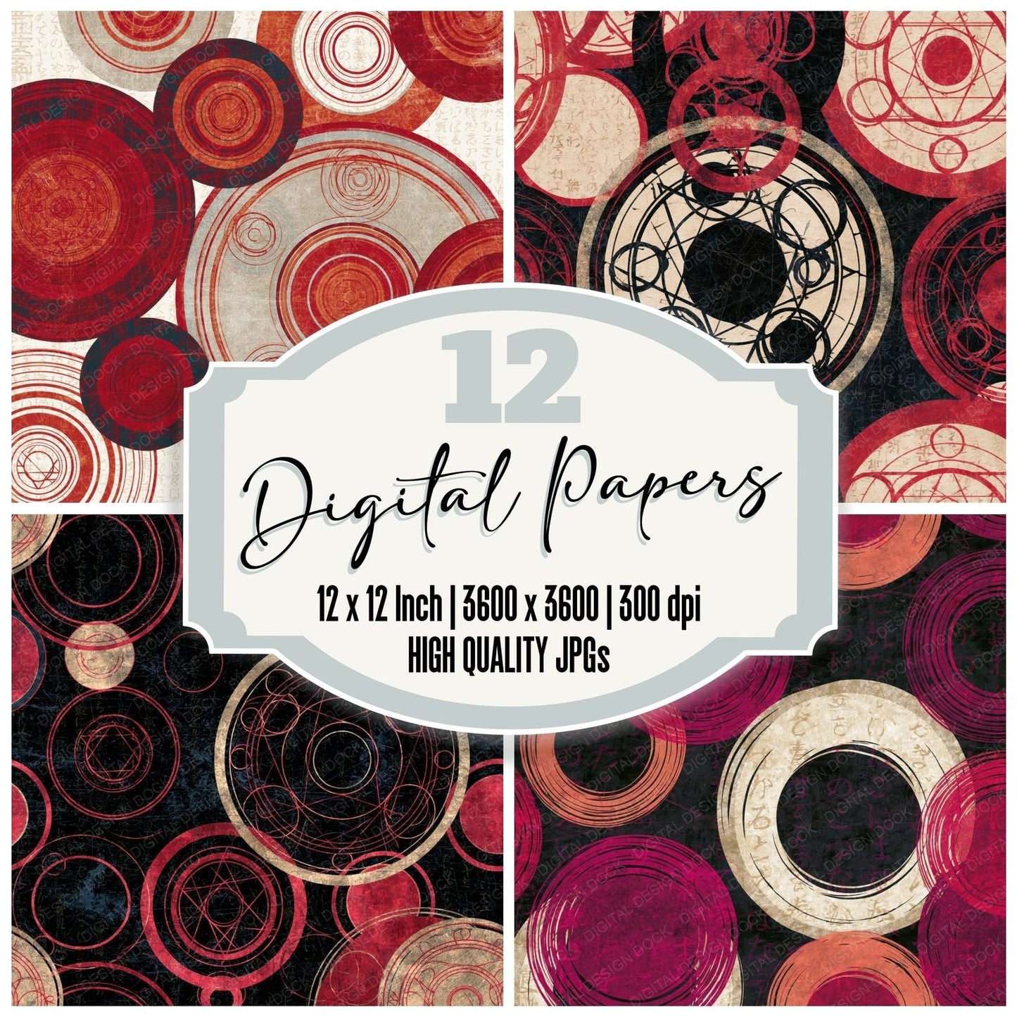 Scratchboard Spell Circles Cherry Ivory Digital Paper Pack (DDD014277)